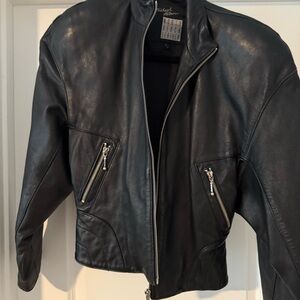 Michael Hoban Black Leather Bomber Jacket with Zip Pockets